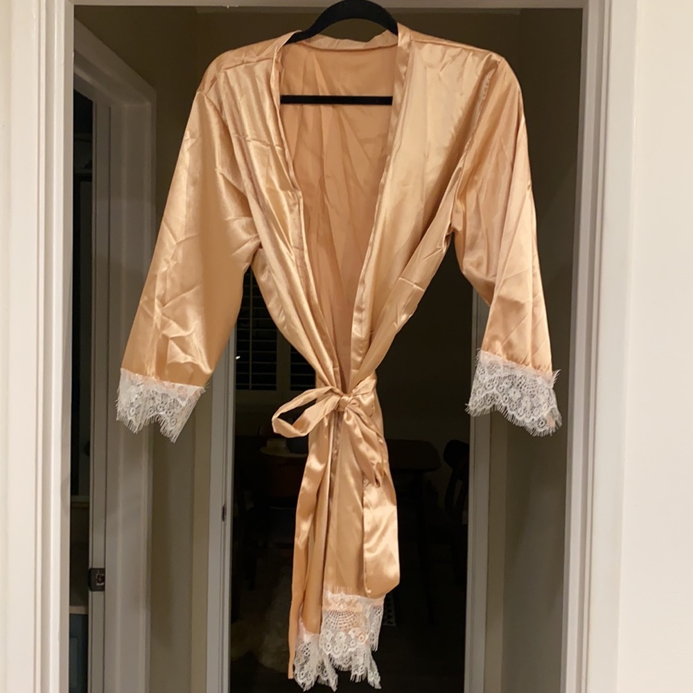 Satin bridesmaids robes - champagne and white lace